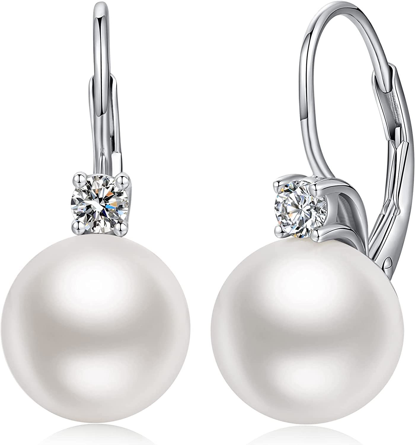 Jiamiaooi 18K White Gold Pearl Plated Earrings 925 Sterling Silver Pearl Pearl Pendant Leverback Earrings