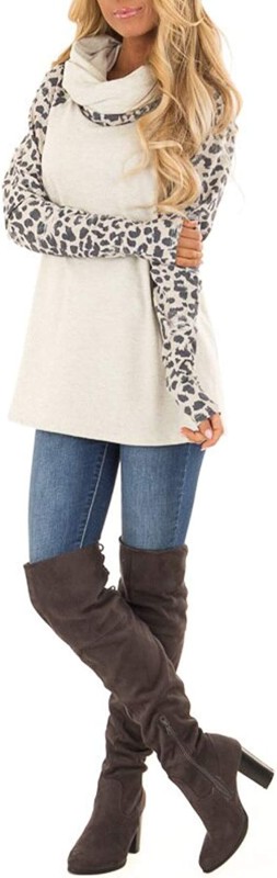 Blivener Women's Casual Sweatshirts Long Sleeve Leopard Print Tops Cowl Neck Raglan Shirts